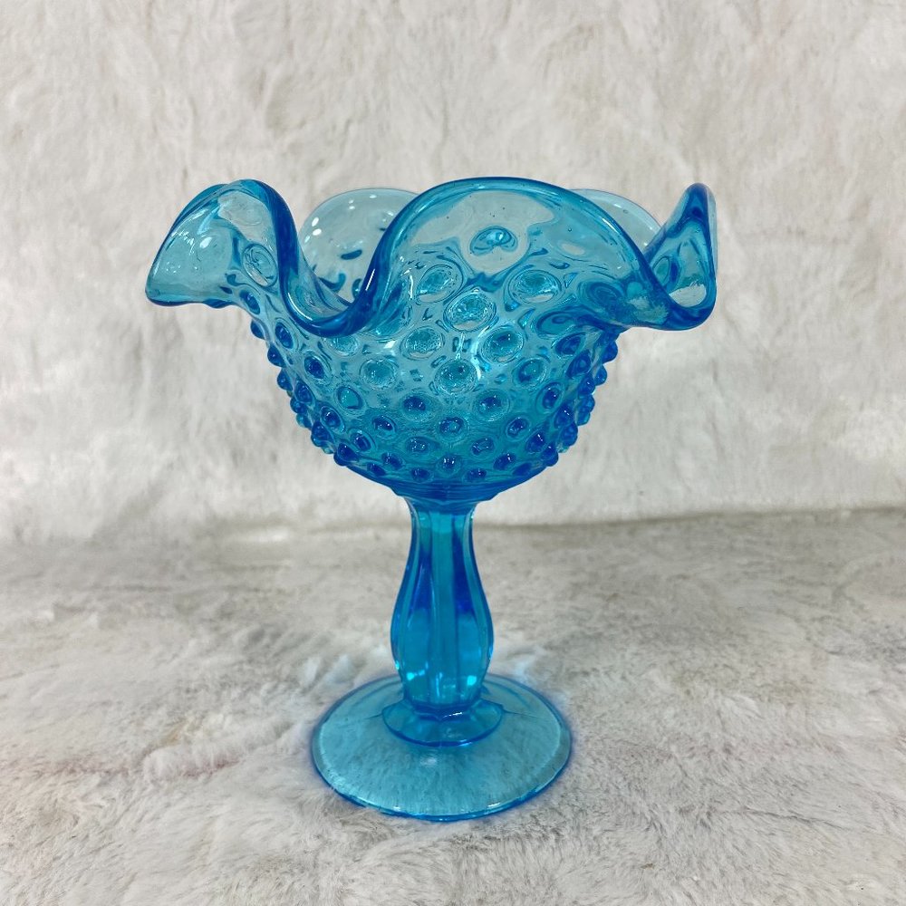 Vintage Bright Blue Hobnail Glass Pedestal Dish Compote w/ Ruffled Edge